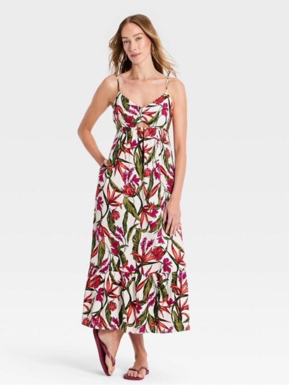 A New Day Women's Beaded Strap Printed Maxi Dress Pink Tropical Floral XL NWT